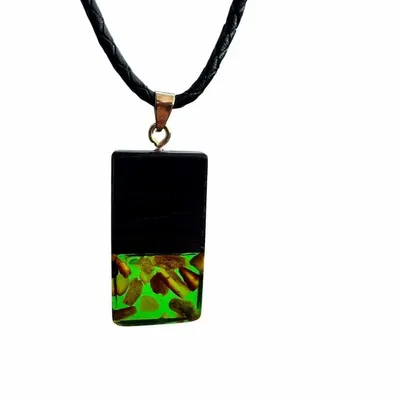 Jewelry - Bog Oak & Amber Pendant – Rectangle, 40x20x6 mm – Green Monolith Bar - GLASS4CANDLES
