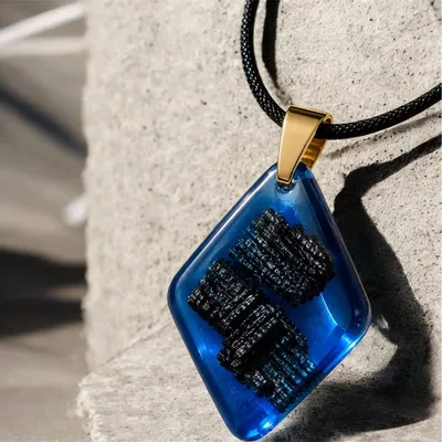 Jewelry - Bog Oak & Resin Pendant Necklace – Diamond – Blue Geometric - GLASS4CANDLES