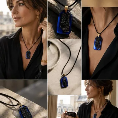 Jewelry - Bog Oak & Resin Pendant Necklace – Rectangle – Blue Peaked Rectangle - GLASS4CANDLES