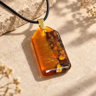 Bijoux - Pendentif en chêne noir et ambre – Peaked Rectangle Naturel - GLASS4CANDLES