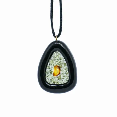 Jewelry - Bog Oak & Baltic Amber Pendant – Shield, 39x24x6 mm - GLASS4CANDLES