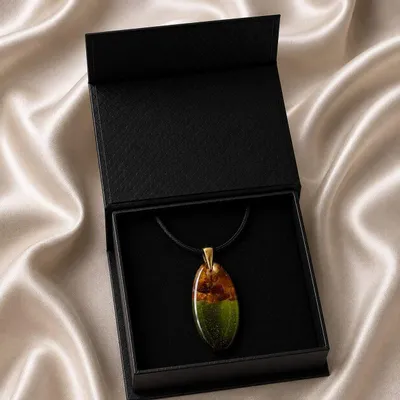 Jewelry - Baltic Amber & Resin Pendant – Drop, 39x16x6 mm – Emerald Reverie - GLASS4CANDLES
