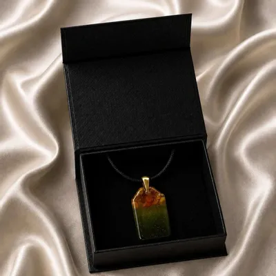 Jewelry - Baltic Amber & Resin Pendant – Rectangle, 40x23x6 mm – Emerald Reverie - GLASS4CANDLES