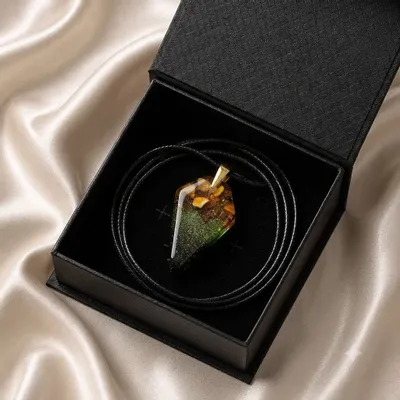Jewelry - Baltic Amber & Resin Pendant – Shield, 39x24x6 mm – Emerald Reverie - GLASS4CANDLES