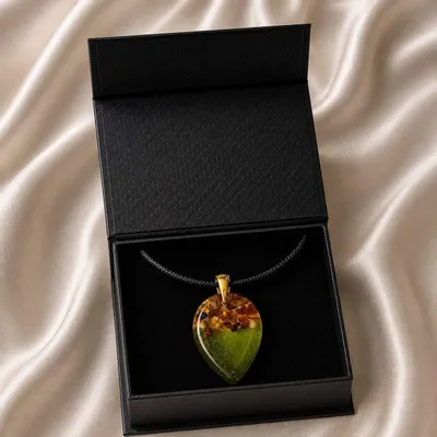 Jewelry - Baltic Amber & Resin Pendant – Drop, 37x26x6 mm – Emerald Reverie - GLASS4CANDLES