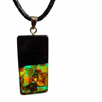 Jewelry - Bog Oak & Baltic Amber Pendant – Rectangle – Sapphire Monolith Bar - GLASS4CANDLES
