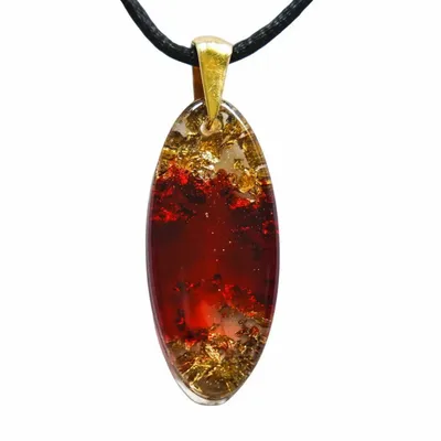 Jewelry - Resin & Gold-Tone Leaf Pendant – Drop, 39x16x6 mm – Red Stardust - GLASS4CANDLES