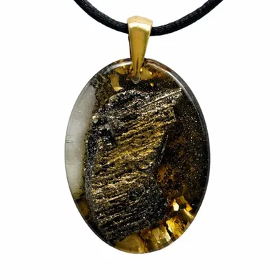Jewelry - Bog Oak & Gold-Tone Leaf Pendant – Oval – Luminous – star dust - GLASS4CANDLES