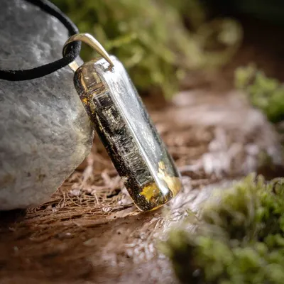 Jewelry - Bog Oak & Gold-Tone Leaf Pendant – Rectangle – Luminous – star dust - GLASS4CANDLES