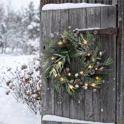 Office design and planning - RAGO – Natural looking green wreath with pine cones and lights - VAN DER GUCHT, SINCE 1870