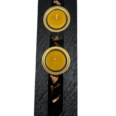 Bougeoirs et photophores  - Bougeoir en chêne noir et métal doré – pour 2 bougies chauffe-plat - GLASS4CANDLES