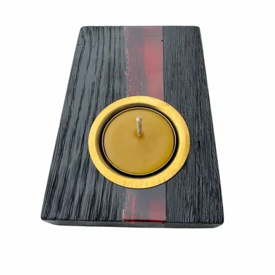 Bougeoirs et photophores  - Bougeoir en chêne noir et métal doré, 30x120x80 mm – bande rouge - GLASS4CANDLES