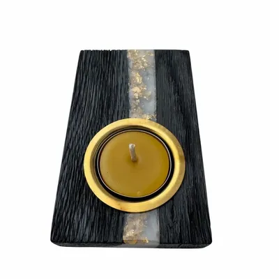 Candlesticks and candle holders - Bog Oak & Metal Tealight Holder – trapezoid, silver-tone stripe - GLASS4CANDLES