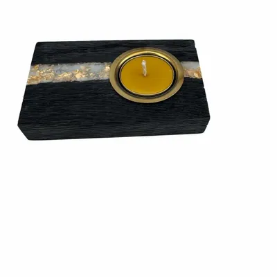Bougeoirs et photophores  - Bougeoir en chêne noir et métal doré – bande argentée horizontale - GLASS4CANDLES