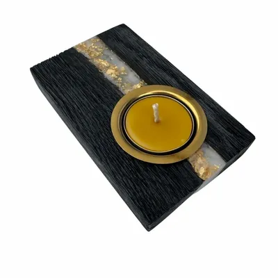 Candlesticks and candle holders - Bog Oak & Metal Tealight Holder – diagonal silver-tone stripe - GLASS4CANDLES