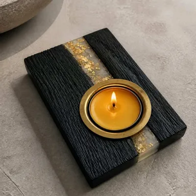 Candlesticks and candle holders - Bog Oak & Metal Tealight Holder – diagonal silver-tone stripe - GLASS4CANDLES