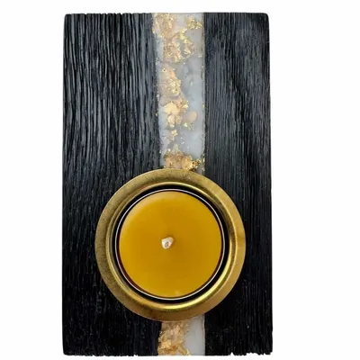 Bougeoirs et photophores  - Bougeoir en chêne noir et métal doré – bande argentée verticale - GLASS4CANDLES