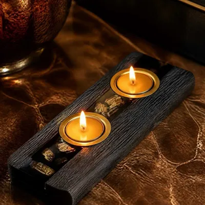 Bougeoirs et photophores  - Bougeoir en chêne noir et métal doré, 30x180x80 mm – modèle 2D0250 - GLASS4CANDLES