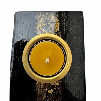 Bougeoirs et photophores  - Bougeoir en chêne noir et métal doré – bande dorée latérale - GLASS4CANDLES