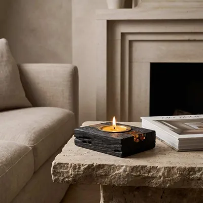 Candlesticks and candle holders - Bog Oak & Gold-tone Metal Tealight Holder – diagonal honey-tone stripe - GLASS4CANDLES
