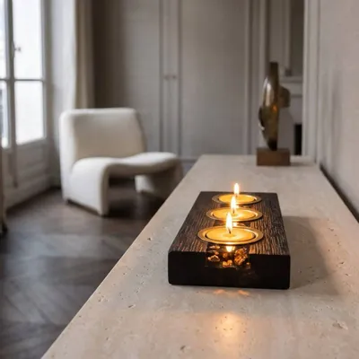 Candlesticks and candle holders - Bog Oak & Gold-tone Metal Tealight Holder, 30x220x80 mm – Model 3D0232 - GLASS4CANDLES
