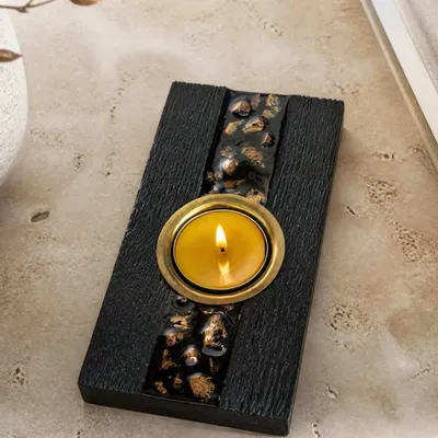 Bougeoirs et photophores  - Bougeoir en chêne noir et métal doré – pour 1 bougie chauffe-plat - GLASS4CANDLES