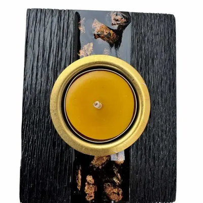 Candlesticks and candle holders - Bog Oak & Gold-tone Metal Tealight Holder – vertical gold-tone stripe - GLASS4CANDLES