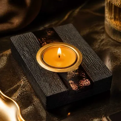 Candlesticks and candle holders - Bog Oak & Gold-tone Metal Tealight Holder – vertical gold-tone stripe - GLASS4CANDLES