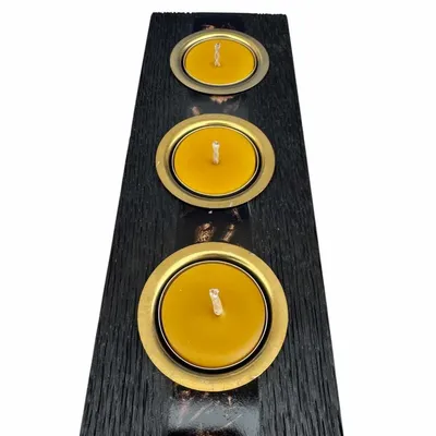 Bougeoirs et photophores  - Bougeoir en chêne noir et métal doré, 30x220x80 mm – modèle 3D0236 - GLASS4CANDLES