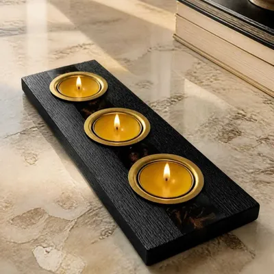 Bougeoirs et photophores  - Bougeoir en chêne noir et métal doré, 30x220x80 mm – modèle 3D0236 - GLASS4CANDLES