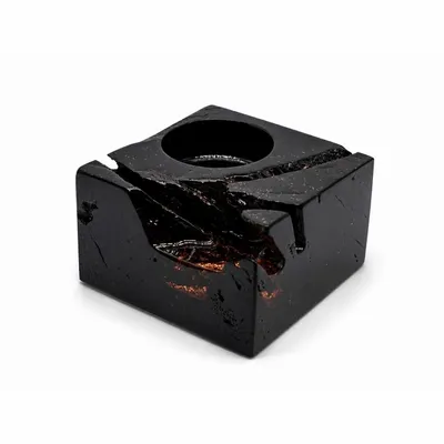 Candlesticks and candle holders - Bog Oak & Gold-tone Metal Tealight Holder – black block, raw edge - GLASS4CANDLES