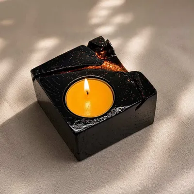 Candlesticks and candle holders - Bog Oak & Gold-tone Metal Tealight Holder – black block, raw edge - GLASS4CANDLES