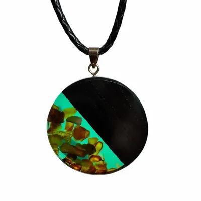 Jewelry - Bog Oak & Amber Pendant – Round, 40x40x6 mm – Sapphire Halo Disc - GLASS4CANDLES