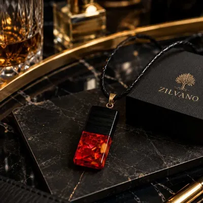 Bijoux - Pendentif en chêne noir et ambre – rectangle – Monolith Bar Rouge - GLASS4CANDLES