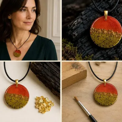Jewelry - Bog Oak & Gold-Tone Leaf Pendant – Round, 39x38x6 mm – Material Space - GLASS4CANDLES