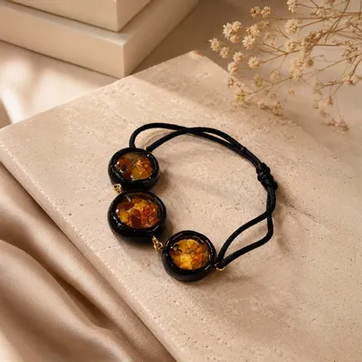 Bracelets - Bog Oak & Amber Bracelet – Round, 200x200x8 mm – three amber settings - GLASS4CANDLES
