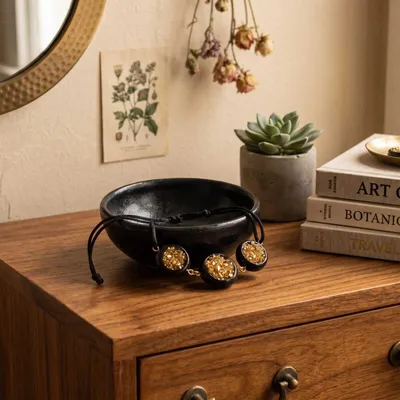 Bracelets - Bog Oak & Resin Bracelet – Round – three settings, gold-tone flecks - GLASS4CANDLES