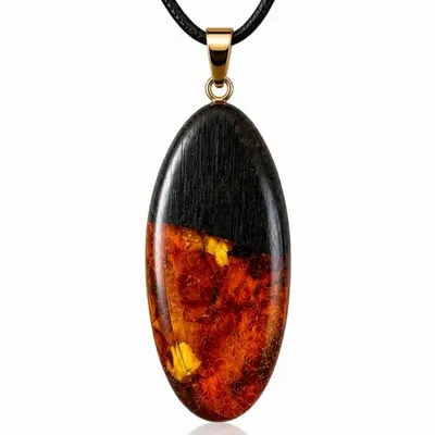 Bijoux - Pendentif en chêne noir ancien et ambre baltique – goutte, 45x20x8 mm - GLASS4CANDLES