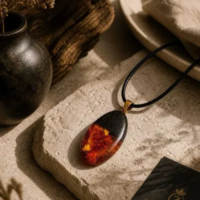 Bijoux - Pendentif en chêne noir ancien et ambre baltique – goutte, 45x20x8 mm - GLASS4CANDLES