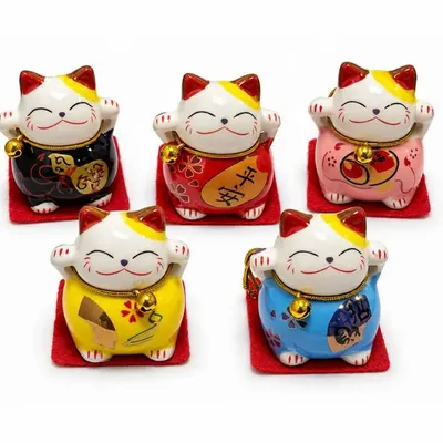 Objets de décoration - Set de 5 Chats Porte-Bonheur Maneki-neko en Résine 5 cm - ARABESK