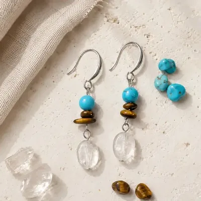 Bijoux - Boucles d'Oreilles Turquénite, Œil de Tigre et Cristal de Roche - ARABESK