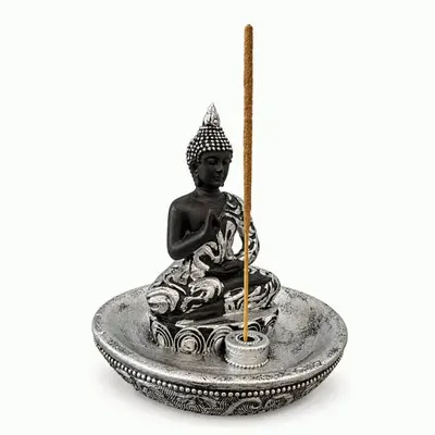 Senteurs - Porte-Encens Bouddha Abhaya Argenté en Résine 10 cm - ARABESK