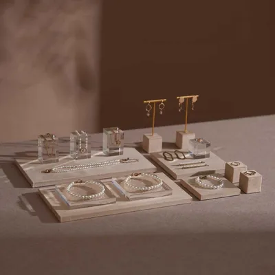 Jewelry - Beige Vegan Suede and Acrylic Jewelry Display Set - WHISPERING WOODS