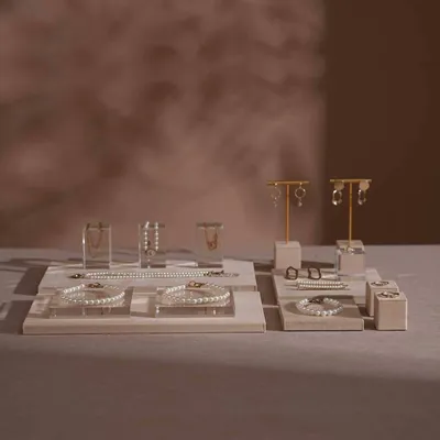 Jewelry - Beige Vegan Suede and Acrylic Jewelry Display Set - WHISPERING WOODS