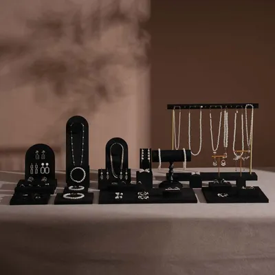 Jewelry - Black Vegan Suede Jewelry Display Set with Necklace Rail - WHISPERING WOODS