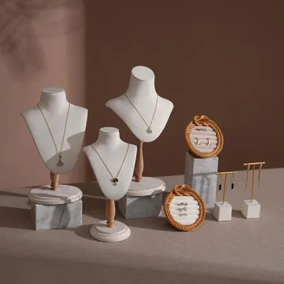 Jewelry - Cream White Vegan Suede and Marble Jewelry Display Set - WHISPERING WOODS