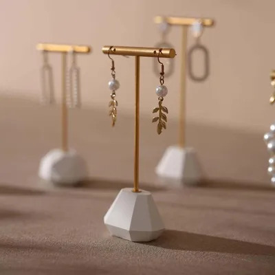 Jewelry - Gold T-Bar Earring Holder with Sculptural Gypsum Base - WHISPERING WOODS