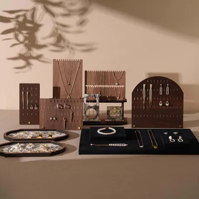 Jewelry - Walnut Veneer and Black Vegan Suede Jewelry Display Set - WHISPERING WOODS