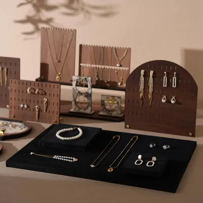 Jewelry - Walnut Veneer and Black Vegan Suede Jewelry Display Set - WHISPERING WOODS
