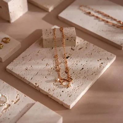 Jewelry - Yellow Travertine Jewelry Display Set with Brass T-Bar Stands - WHISPERING WOODS